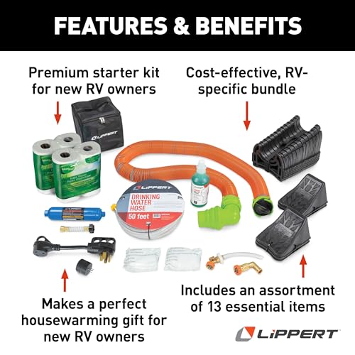 Lippert Premium RV Starter Kit with Power Adapters, Regulator, Filter, Tank Filler, Water Hose, Sewer Hose Kit, Hose Suppo...