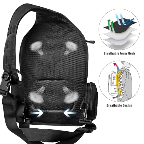ALVOD Molle Assault Shoulder Bag, Military Crossbody Sling Backpack for Men, Outdoor Hiking Camping Rucksack Sling Bag（Black）