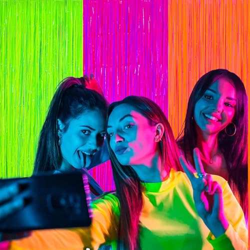 Glow in The Dark Party Supplies, 2 Pack Fluorescent Metallic Tinsel Foil Fringe Curtains, 3.3x6.6 ft Neon Backdrop Streame...