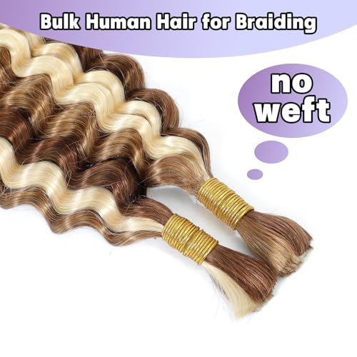 P27/30/613 Human Braiding Hair for Boho Braids Highlight Brown Blonde Deep Wave Bulk Human Hair for Braiding Crochet Curly Braiding Human Hair Knotless Bohemian Braids100g (2 of 50g) 18 Inch