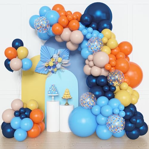 Amandir 153pcs Blue Orange Balloon Garland Arch Kit, Different Sizes 18 12 10 5 inch Navy Blue Yellow Latex Pearlescent Co...