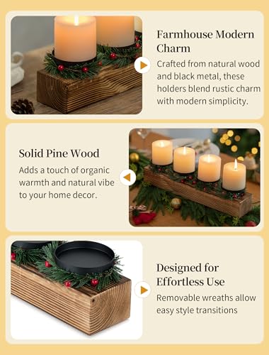 Romadedi Wood Candle Holders Christmas - Farmhouse Pillar Candle Holder with Mini Wreaths Xmas Dining Table Centerpiece De...