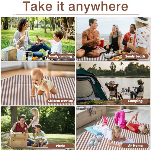 Striped Picnic Blanket Waterproof & Sand Proof, 5-Layer Beach Blanket Portable with Carry Strap, Extra Large Foldable Picn...