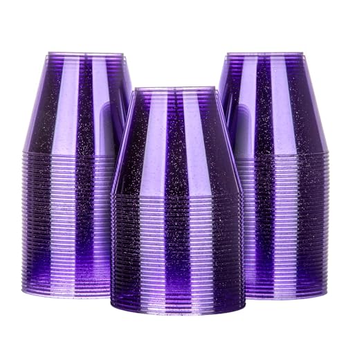 Homy Feel 9 Oz Purple Glitter Plastic Cups - 100PCS, Disposable Cocktail & Wine Cups for Wedding Party