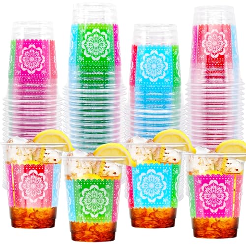 100 Count 12 oz Fiesta Plastic Cups Mexican Disposable Party Cups Cinco De Mayo Margarita Drinkware for Fiesta Cinco De Ma...