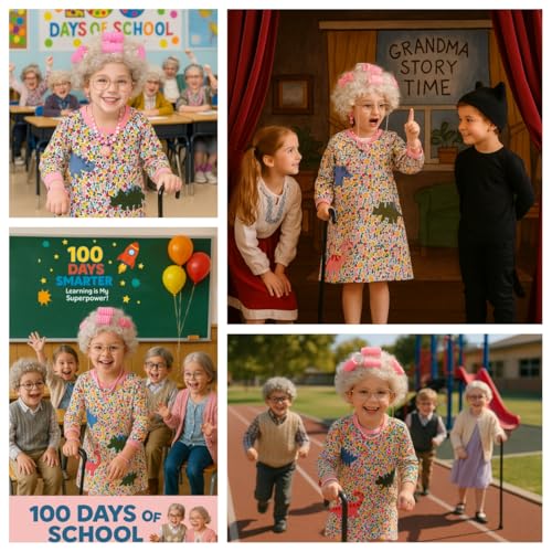 QAQ-COSPLAY 100 days of school costume - old lady costume for kids - School Grandma Costume for kids 5-8