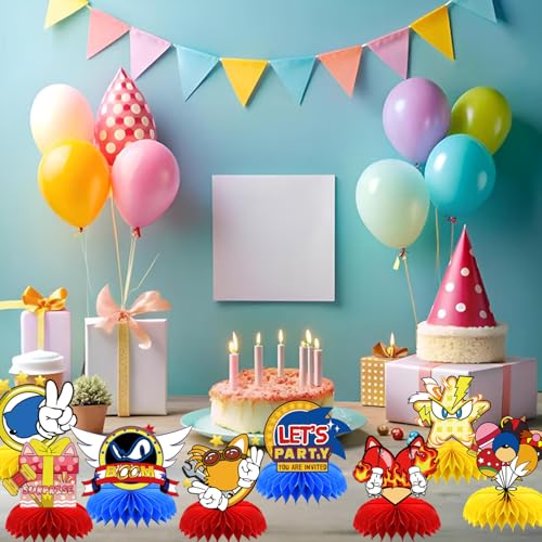 8Pcs Blue Hedgehog Party supplies set Honeycomb Centerpieces Double Sided Table Topper for Birthday Decorations