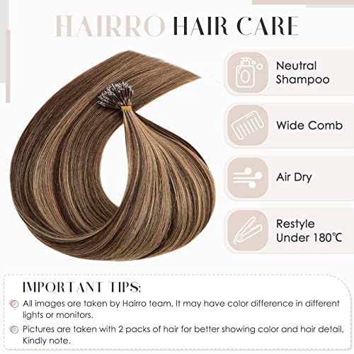 Hairro Nano Ring Hair Extensions Keratin Nano Bead Human Hair Pre Bonded Cold Fushion Highlight Microlink I Tip Hair Extensions For Women 22inch 50g/PACK 50 Strands #4P27 Medium Brown Mix Dark Blonde