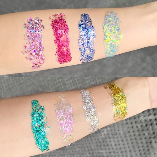 Body Glitter Gel, Face Glitter Gel,Hair Glitter, Holographi Sparkling Glitter Gel for Makeup, Chunky Glitter Concerts Musi...
