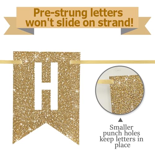 Pre-Strung Gold Happy Birthday Banner Decorations,12 ft No DIY Gold Glitter Birthday Party Banner Sign Decor for Women Men...