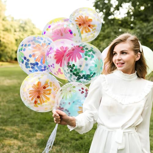 50 Pieces Flower Print Confetti Balloons 12 Inch Colorful Clear Floral Latex Balloon with Balloon Holder Sticks Spring Sum...