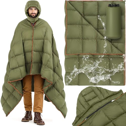 HunnmingRe Upgraded Hooded Down Camping Blanket Waterproof 650 Fill Puffy Poncho Blanket 77" x 50" Packable Wearable Sleep...