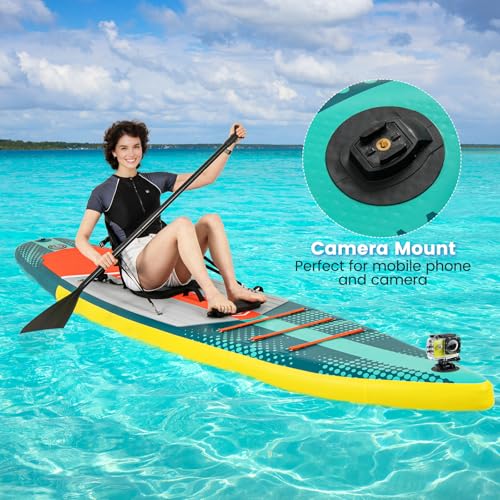 GYMAX Paddle Board, Inflatable SUP with Kayak Seat, Camera Mount, Direction Fin Paddle & Carry Backpack, Extra Wide Below ...