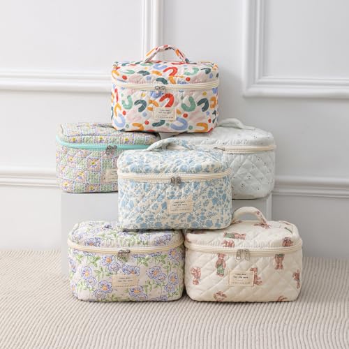 uekeboag Large Travel Quilted Makeup Bag for Women, Floral Cotton Cosmetic Bag, Coquette Aesthetic Floral Toiletry Organiz...