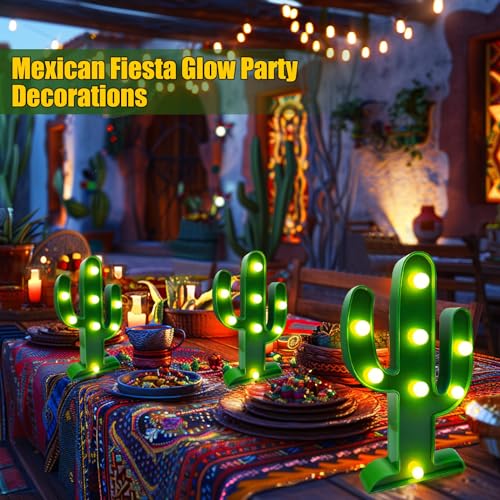 Extra Large - 3 Pack LED Cactus Light Cinco de Mayo Decorations 10 x 5.5 Inch Cactus Decor Mexican Fiesta Party Decoration...