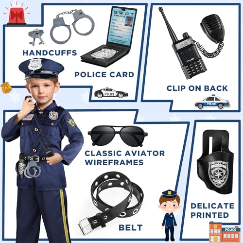 Police Officer Costume for Kids, Cop Costume Outfit Set with Toy Accessories, Halloween Costumes for Boys