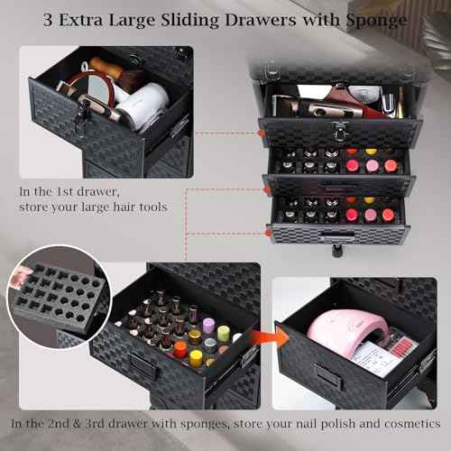 Stagiant Rolling Makeup Case with Drawers Cosmetology Case on Wheels 4 IN 1 Makeup Case 3 Drawers with Foot Stand Spring-release Mechanism Rolling Make Up Organizer for Artist Salon Nail Teach Trunk