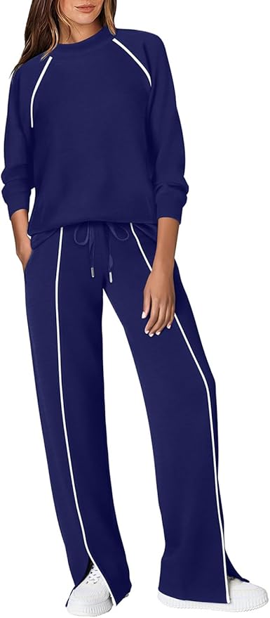 WIHOLL Lounge Sets for Women 2 Piece Fall Outfits 2025 Wide Leg Pant Matching Sets Womens Clothing