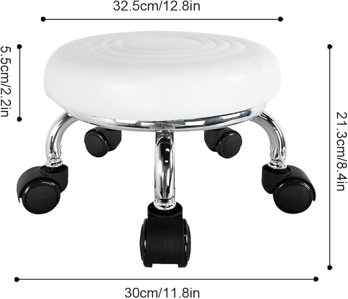 WKWKER Modern Roller Seat PU Leather Foot Stool Low Round Rolling Stool 360° Step Stool Swivel Small Seat with Universal Wheels for Home Office Garage Shop Fitness Sport H：8.4" （White）