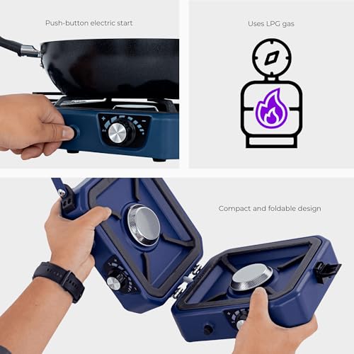 2-Burner Foldable Cetro Camping Stove CFBM PF-1921 with Griddle Portable Propane Camp Stove with 2 Adjustable Burners Piez...