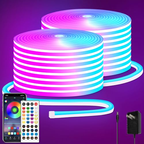 100FT RGB LED neon Rope Lights LED neon Lights with Remote/APP Control 24V IP65 Waterproof Flexible Neon LED Strip Lights ...