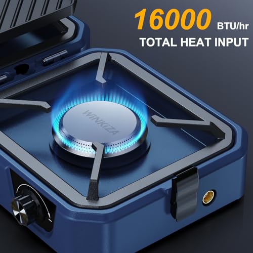 Upgraded WINKIZA 2 Burner Propane Camping Stove with Grill, Foldable Camp Stove with 16,000 BTU, Two Adjustable Burners wi...