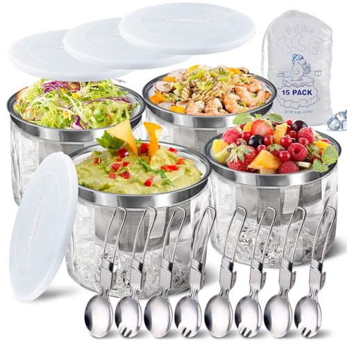 LIMOEASY Chilled Dip Bowl (4 Pack), 25oz Ice Serving Bowl with Lid for Parties, Cold Serving Dish for Hummus, Salsa, Guaca...