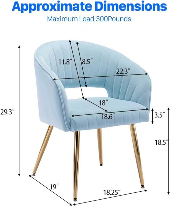 KCC Modern Velvet Desk Chair Accent Armchair Upholstered Tufted Chairs Dining Chairs, Tufted Vanity Chairs Side Chair with Gold Metal Legs for Dining Room Living Room Restaurant, 1 PC & Baby Blue