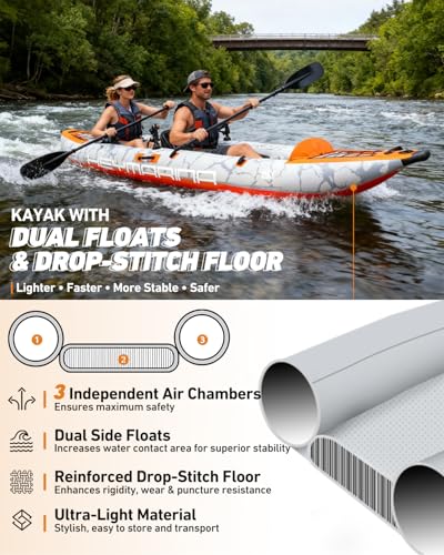 2 Person Inflatable Kayak Tandem Fishing Kayak for Adults, Portable Touring Kayak Canoe with Dual Floats, Drop-Stitch Floo...