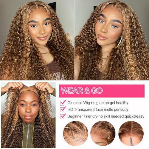 Ombre Highlight Wear and Go Glueless Wigs Human Hair Pre Plucked Pre Cut Deep Wave Lace Front Wigs Human Hair Wigs 4x4 Lace Closure Wigs Human Hair 180% Density Curly Wigs Human Hair Wigs 22 Inch