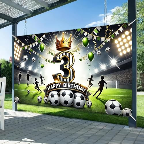 BlissYard Happy 3rd Birthday Soccer Party Banner Stadium Background Third Birthday Decorations Green Gold Crown Number Thr...