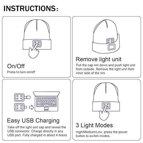 YunTuo LED Beanie with The Light, Unisex USB Rechargeable Headlamp Winter Knitted Cap Gifts for Men Dad Husband Him