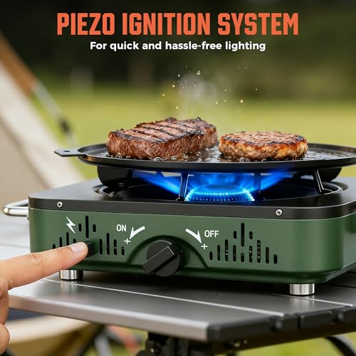 BIG HORN OUTDOORS 2 Burner Propane Camping Stove, Portable Camp Stove, Folding Gas Stove, Includes Frying Pan & Carry Bag ...