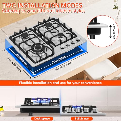 22″x20″ Built in Gas Cooktop 4 Burners Stainless Steel Stove with NG/LPG Conversion Kit Thermocouple Protection and Easy t...
