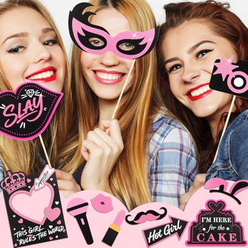 Hot Pink Glitter Photo Booth Props 31 Count, for Birthday Wedding Bachelorette Single Parties, Rose Golden Cute Funny Desi...