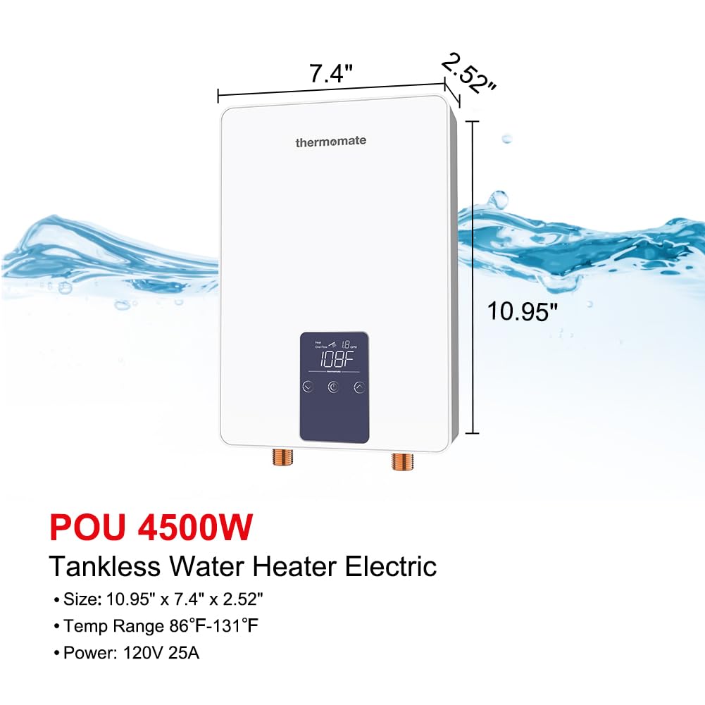 Mini Tankless Water Heater Electric 110V ~ 120V for Sink, ThermoMate 4.5kW 37.5A at 120V Small Point of Use Water Heater CSA Approved, Must HardWird Requiring 10AWG Wire
