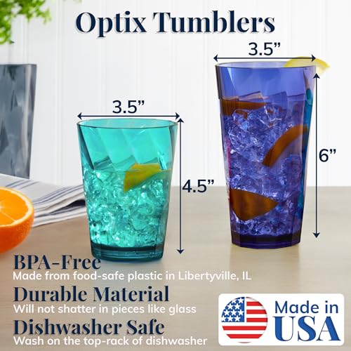 US Acrylic Optix Plastic Reusable Drinking Glasses (Set of 16) 14oz Rocks & 20oz Water Cups in Coastal Colors | BPA-Free T...