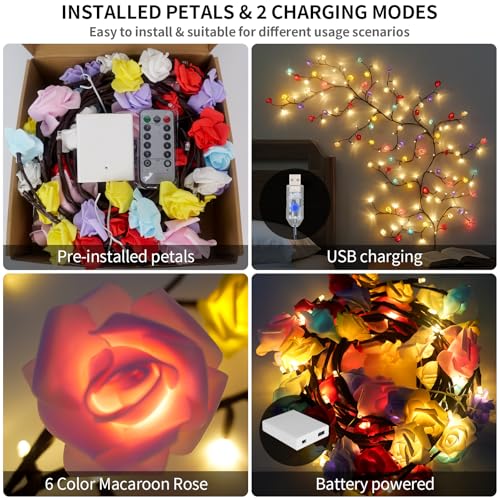FNHMSL Macaroon Rose Blossom Enchanted Willow Vine Lights, 7.55FT 144LED 6 Color Blossom Tree Branch Lights for Wall, Remo...