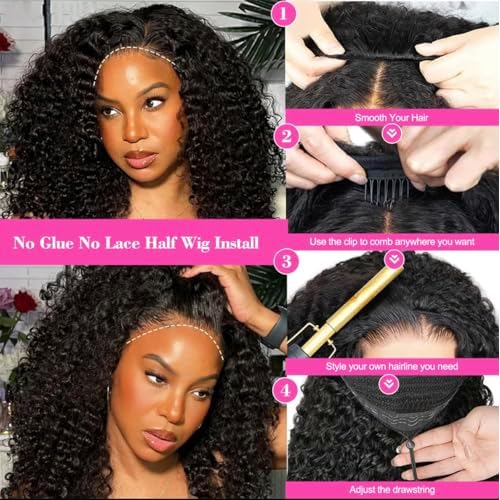 Larhali Half Wig Human Hair Glueless Wigs Upgrade 3 IN 1 Half Wig With Drawstring Seamless Clip Ins Flip Over Burmese Curly Human Hair No Glue No Lace For Women 200% Density (Natural Color, 16inch)