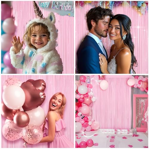 4 Packs Pastel Pink Foil Fringe Curtain, Baby Pink Metallic Tinsel Backdrop for Birthday, Wedding, Baby Shower, Princess B...