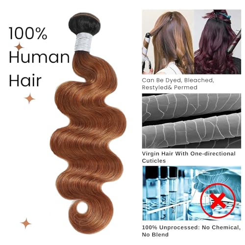 ALHER T1B/30 Human Hair Bundles Body Wave, 12A Ombre Brown Colored 3 Bundles Dark Root Two-tone, 100% Brazilian Virgin Remy Human Hair for Black Women Soft Thick Wavy 14 16 18 Inch