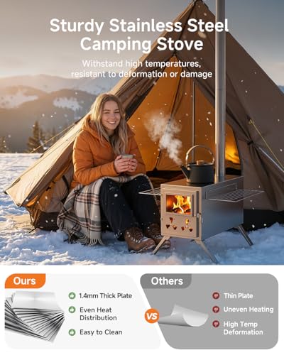 Hot Tent Wood Stove, Portable Camping Wood Burning Stove with 8 Stainless Chimney Pipes, Folding Wood Stove for Tent, Outd...