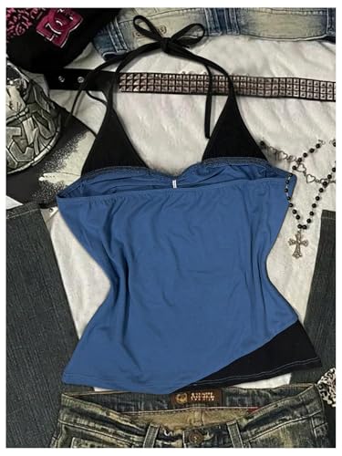Verdusa Women's Y2K Colorblock Tie Back Halter Top Letter Print Backless Going Out Tops