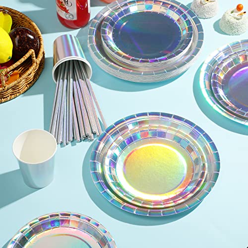 Iridescent Party Supplies Decorations, Holographic Paper Plates and Napkins Set, Disposable Iridescent Paper Plates Cups K...