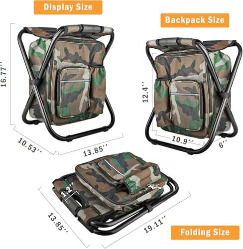Kikerike Folding Stool Backpack Insulated Cooler Bag, Collapsible Camping Hunting Fishing Multifunction Chair with Front P...