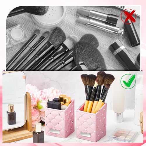 ReliThick 2 Pcs Pink Makeup Brush Holder Crystal Bling Brushes Cup PU Leather Waterproof Glitter Makeup Holder for Women T...