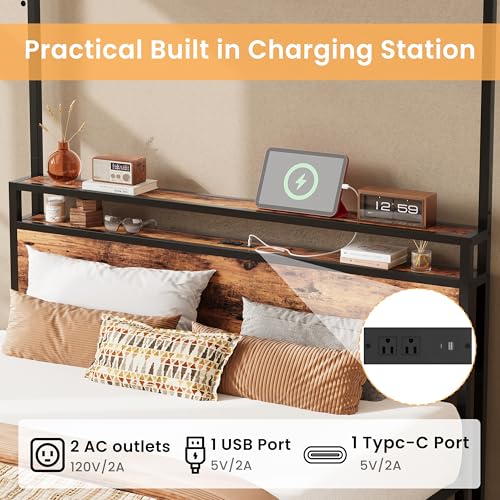 LIKIMIO Canopy Bed Frame Queen with Storage Headboard & Charging Station, Sturdy Metal Platform Bed with 4 Removable Post...
