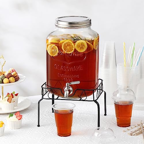2 Gallon Glass Beverage Dispenser with Stand and Lid, 18/8 Stainless Steel Spigot - Glass Drink Dispensers for Parties - M...