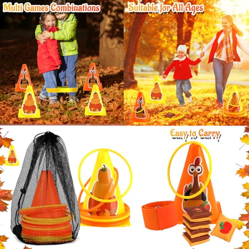 4 in 1 Fall Festival Thanksgiving Party Games with Ring Toss, Plastic Cones, Bean Bags, 3-Legged Race Bands, Thanksgiving ...