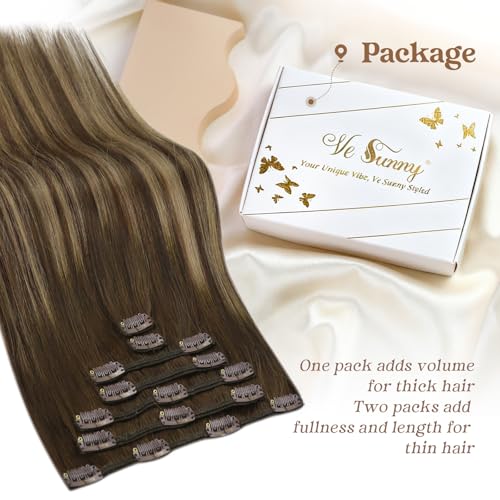 Ve Sunny Clip in Human Hair Extensions Dark Brown Balayage Caramel Blonde Human Hair Clip in Extensions 14inch Short Hair Extensions Real Human Hair Clip ins 100g 7Pcs
